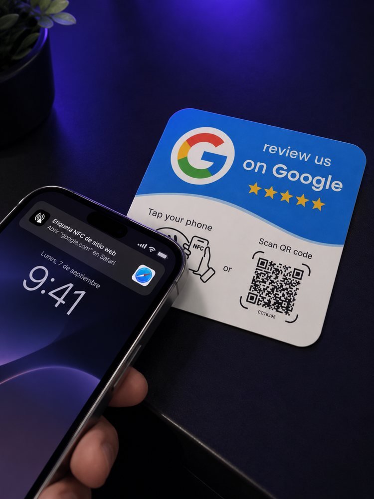Cliente acercando el móvil a la tarjeta NFC para dejar una reseña