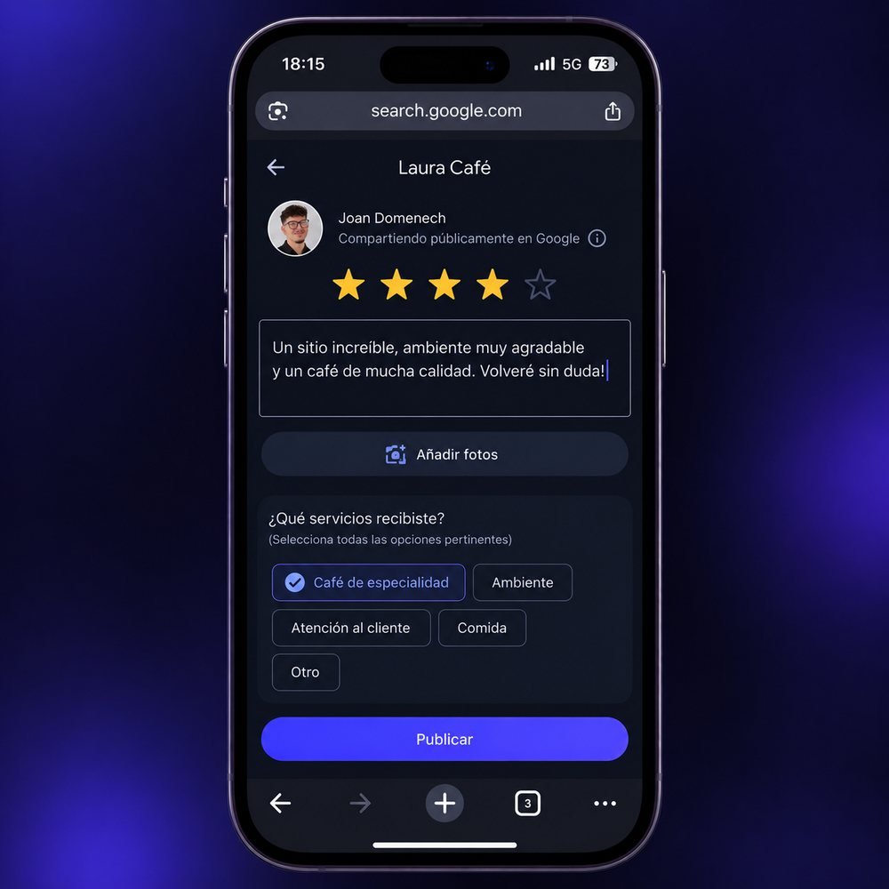 Pantalla de un móvil con el formulario de reseña de Google abierto: estrellas, cuadro de comentario y botón Publicar