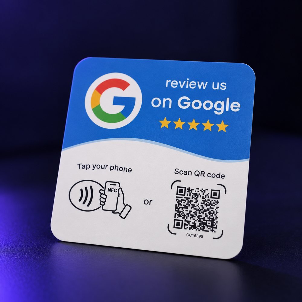 Tarjeta NFC de reseñas para Google: acerca el móvil o escanea el QR