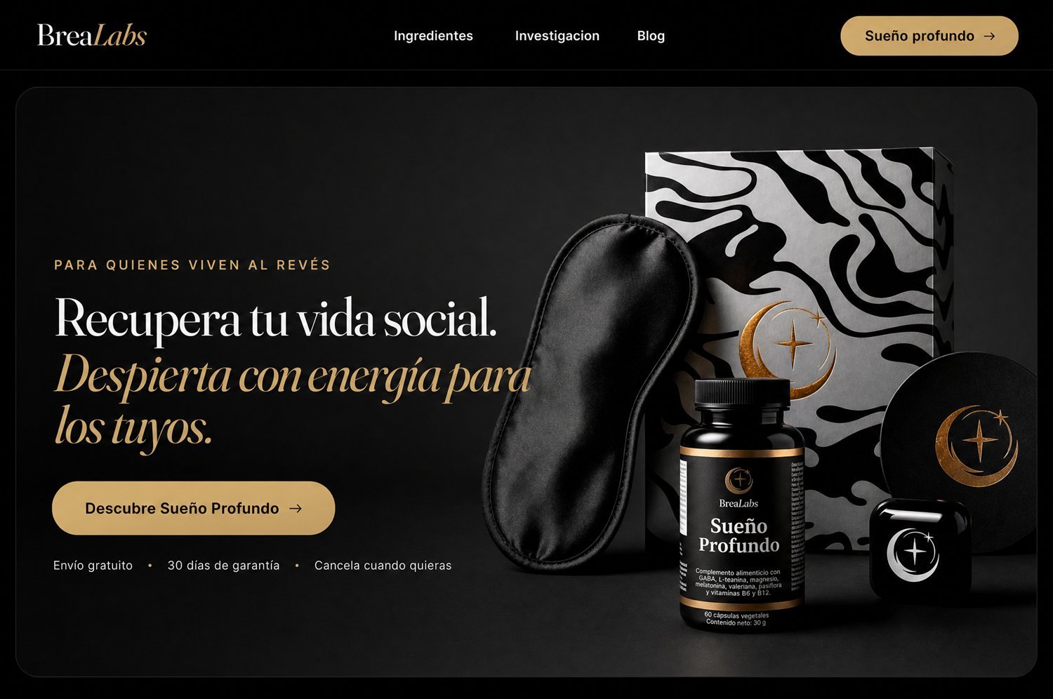 Portada de brealabs.com: cabecera negra y dorada con el titular Recupera tu vida social y el producto Sueño Profundo